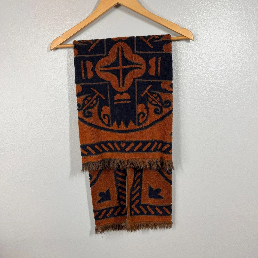 Vintage Sears Bath Towel Orange Navy Blue Geometric Fringe Cotton Blend
